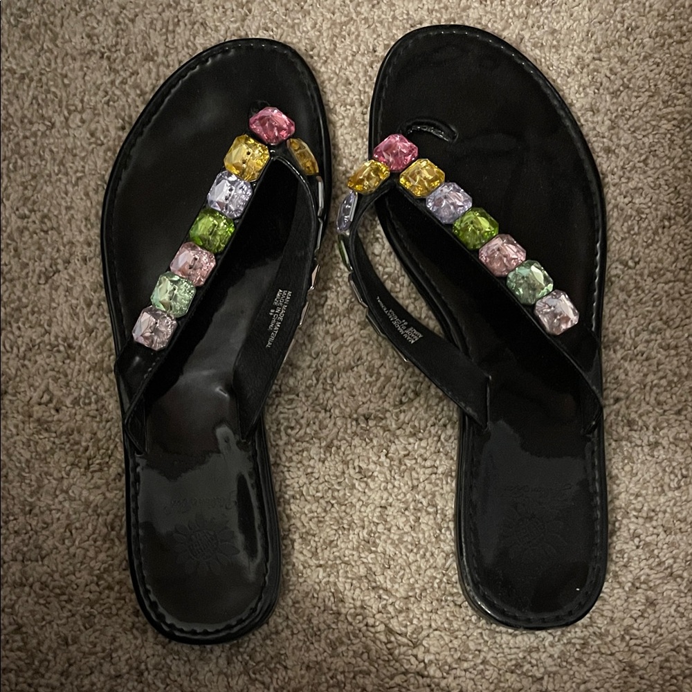 Yellow Box Black Sandals with Colorful Gems